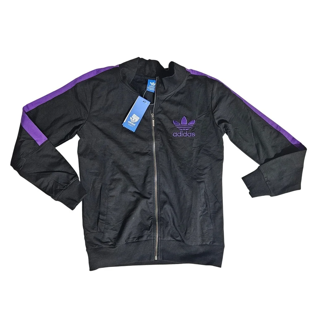 Adidas Originals Track Jacket Youth Large Black Purple Trefoil Full Zip